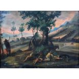UNSIGNED (XVIII-XIX). Romantic landscape depiction with peasants.