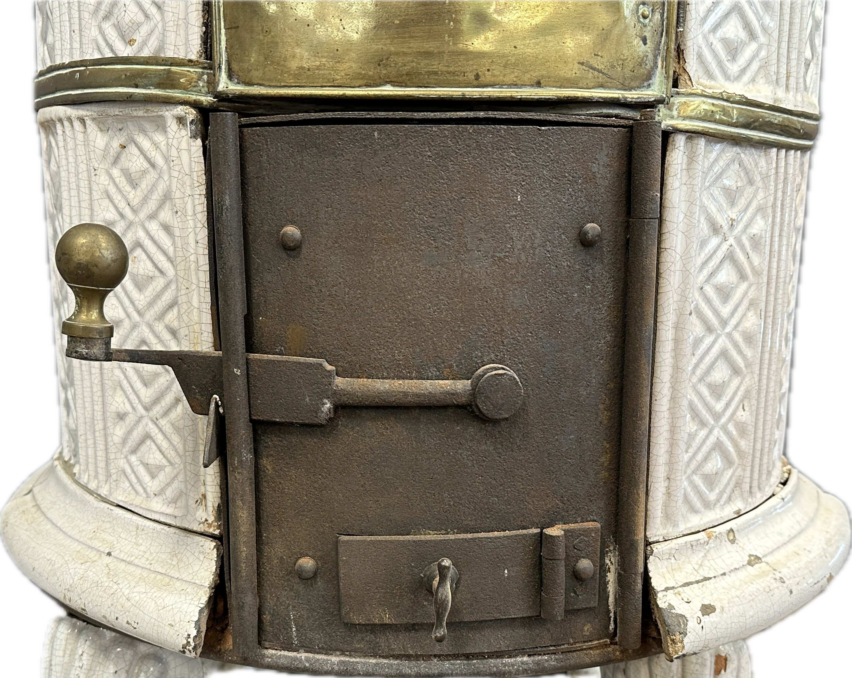 White Biedermeier round stove with tiles in relief structure. - Image 9 of 19