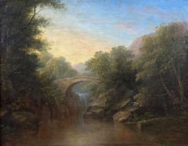 UNSIGNIERT (XIX). Romantische Waldlandschaft mit Brücke am Fluss.