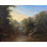 UNSIGNED (XIX). Romantic forest landscape with bridge by the river.