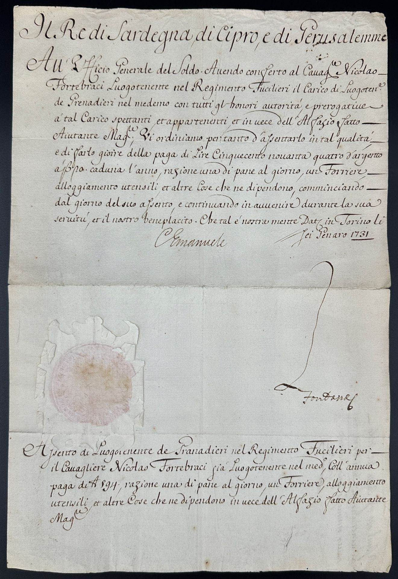 Certificate of appointment of Charles Emmanuel III, King of Sardinia, Duke of Savoy. 1731.