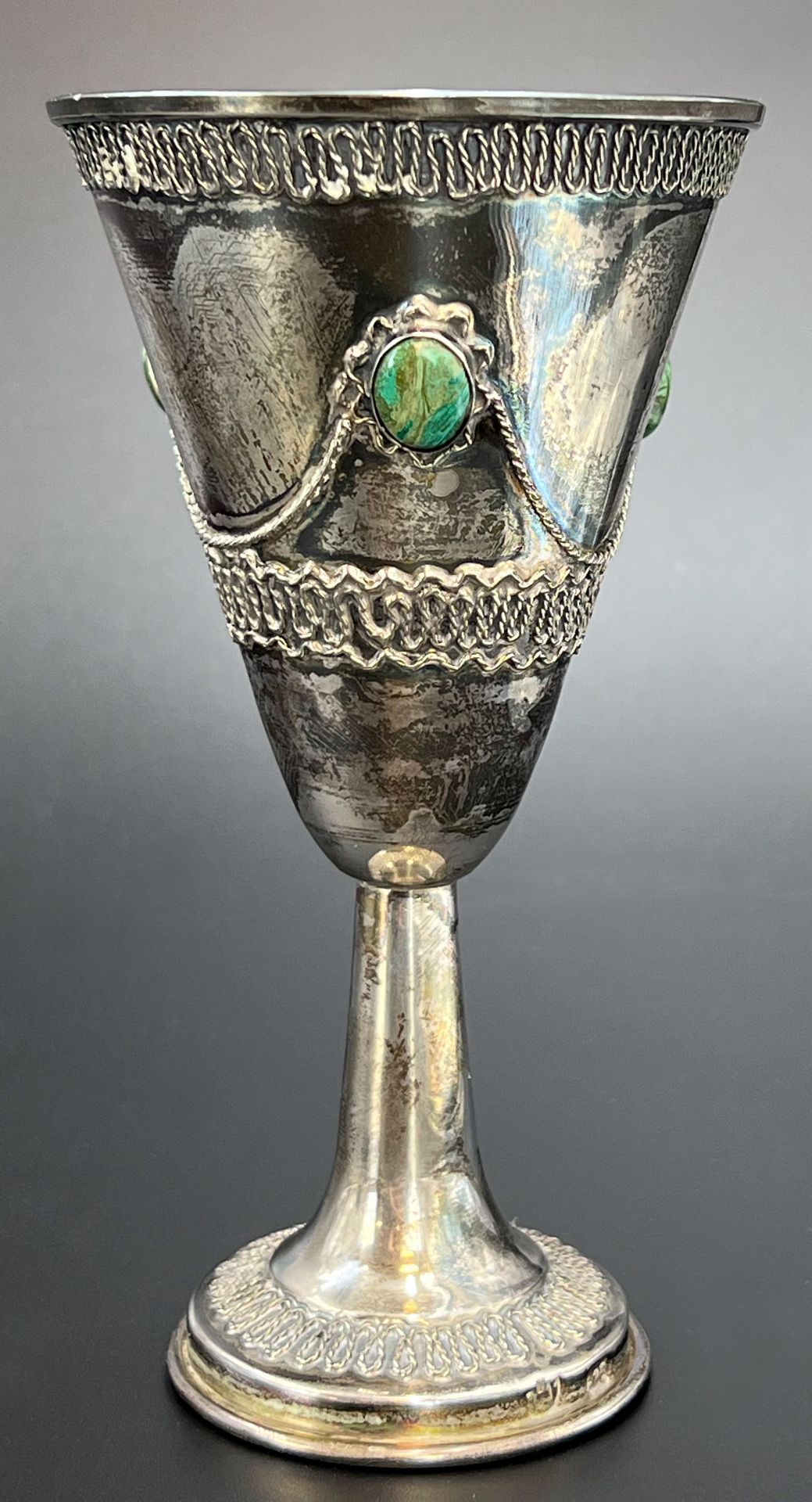 Silver chalice with three green cabochons. 925 Sterling silver.