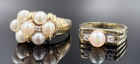Two ladies' rings. 585 yellow gold with pearls and small diamonds.