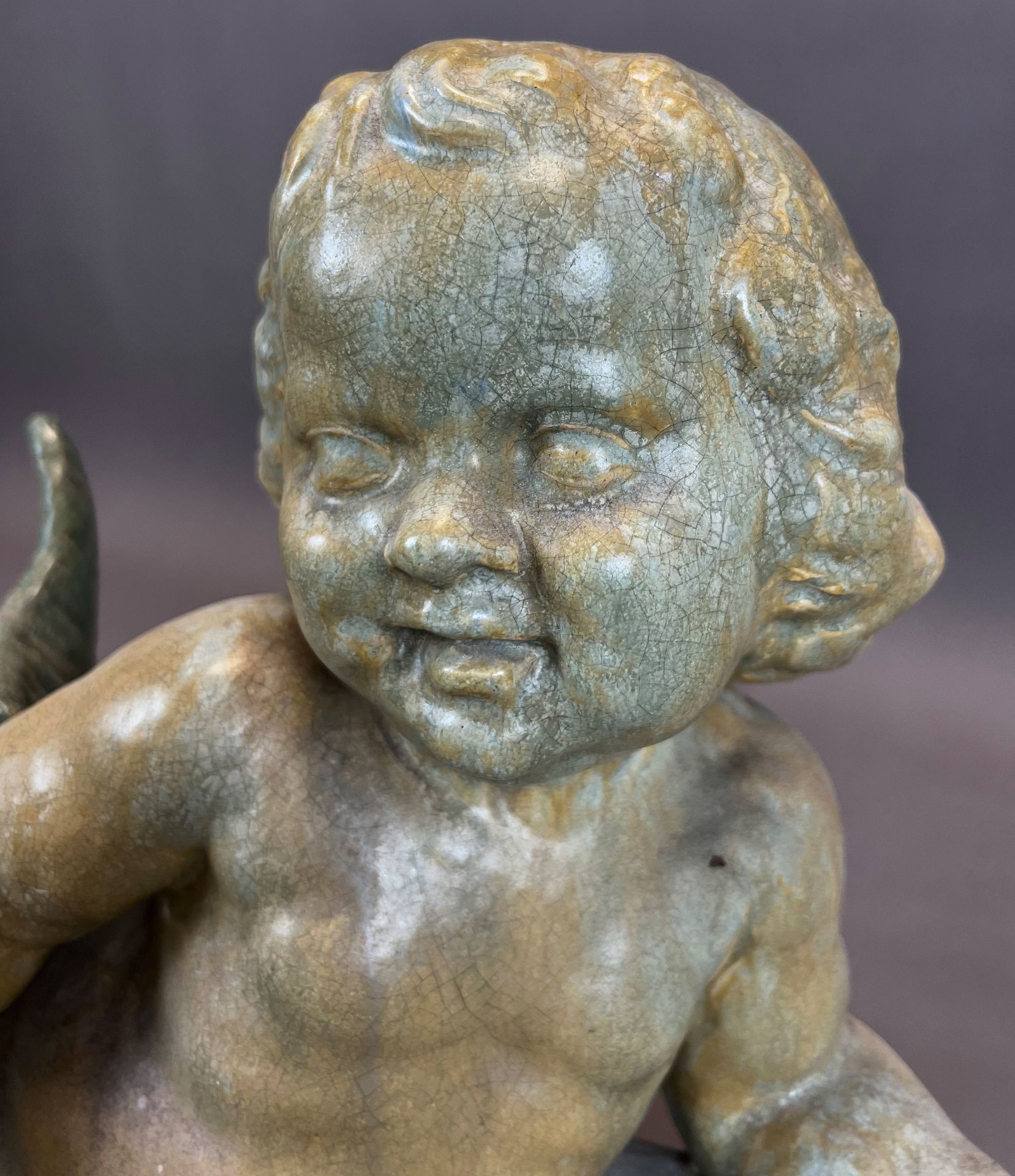 Majolica figure. Putto on a fish. Early 20th century. - Image 8 of 13