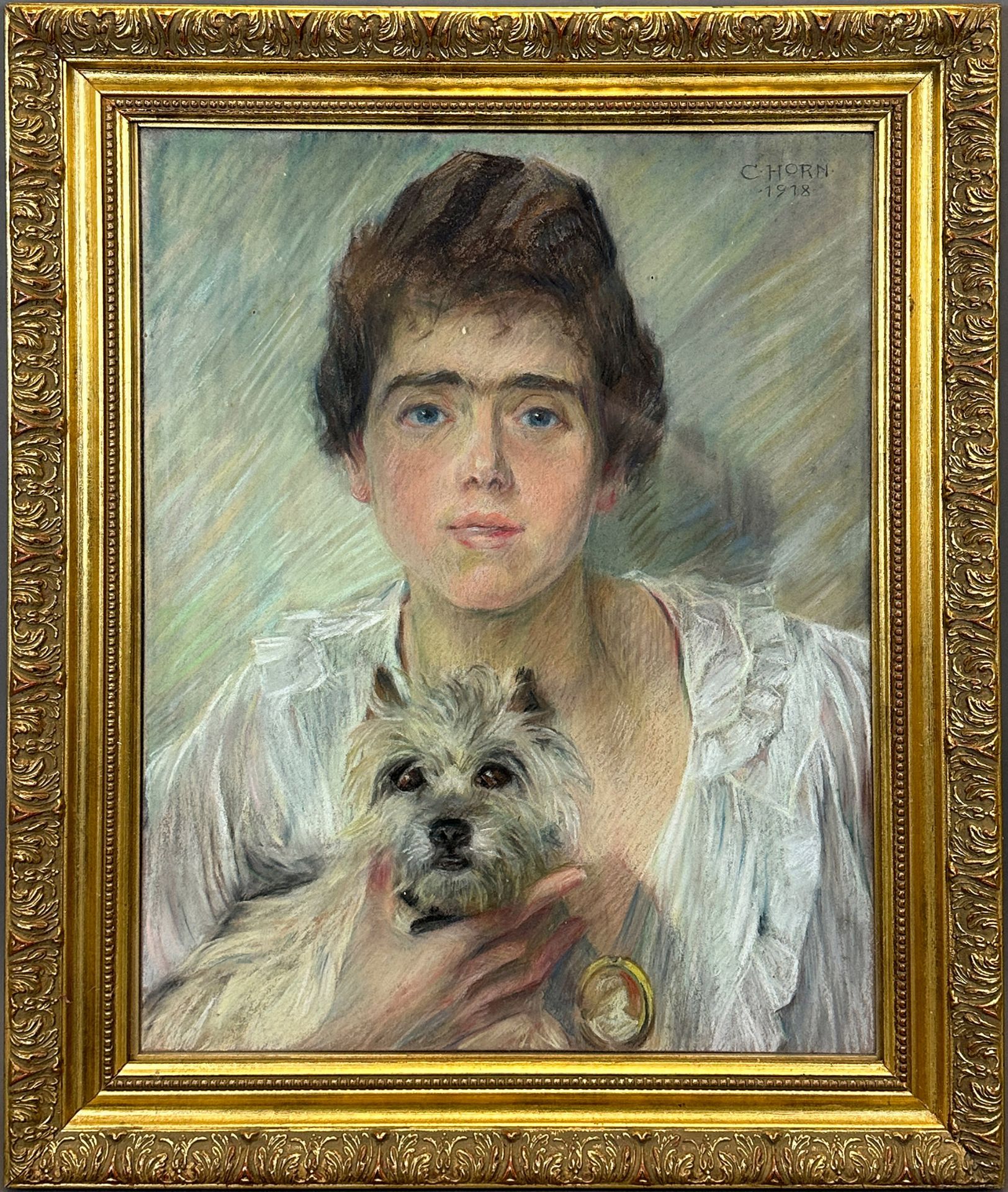 Carl HORN (1874 - 1945). Portrait of a young woman with a terrier. 1918. - Image 2 of 11
