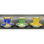 Three collectible cups with saucers. Höchst. Fabergé decoration.