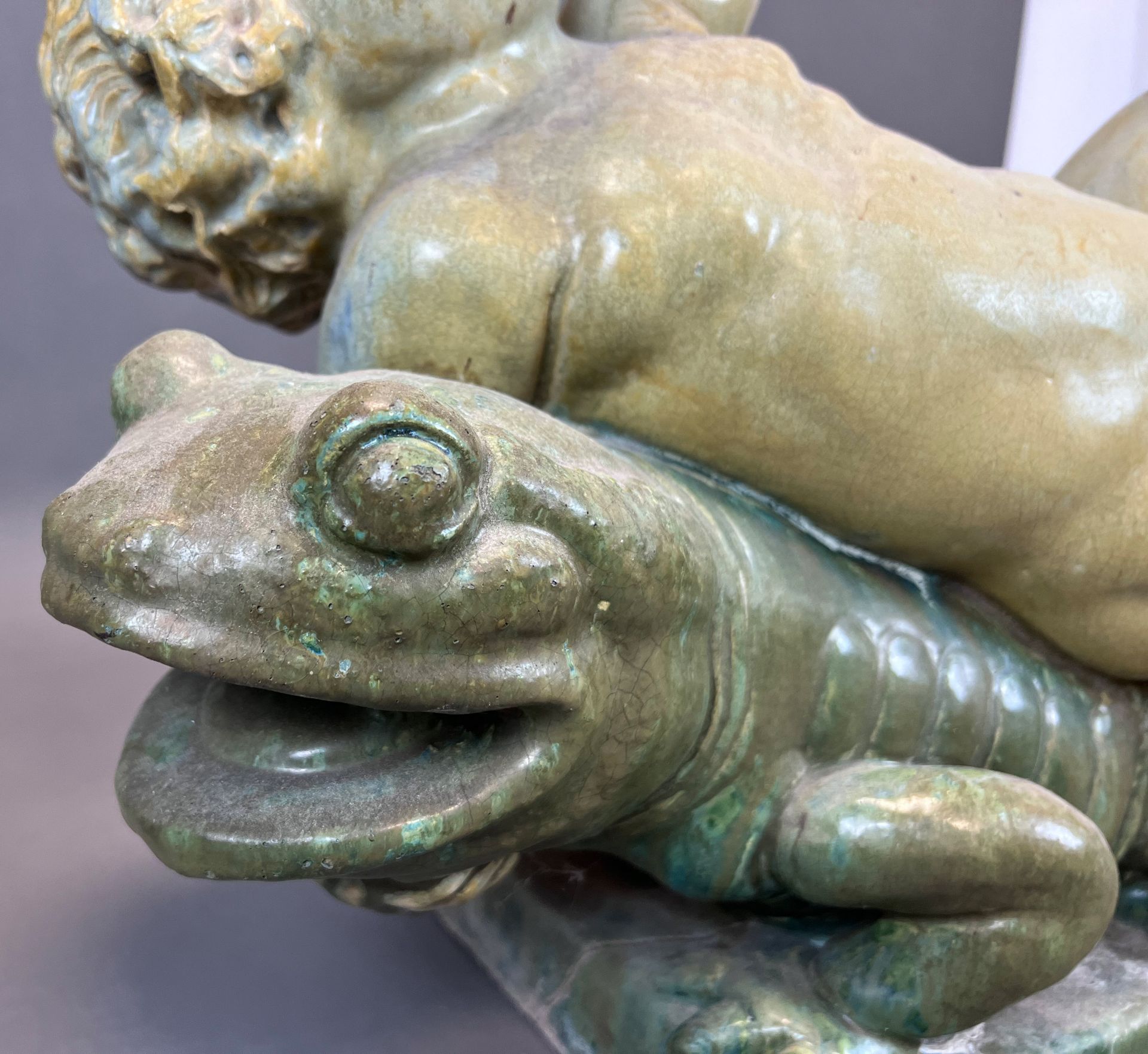 Majolica figure. Putto on a lizard. Early 20th century. - Image 9 of 14