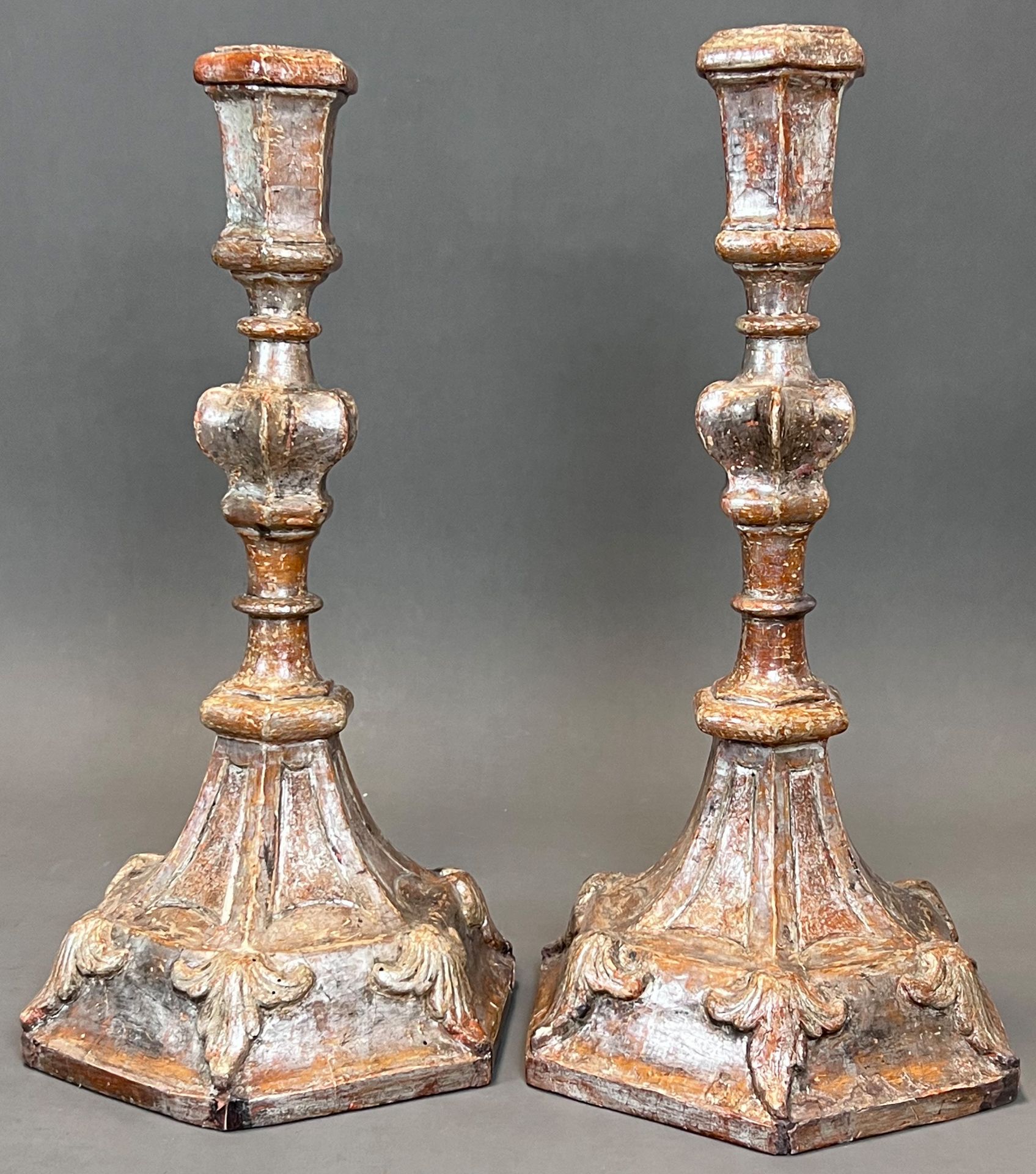 A pair of church altar candlesticks. Wood. Probably 19th century.