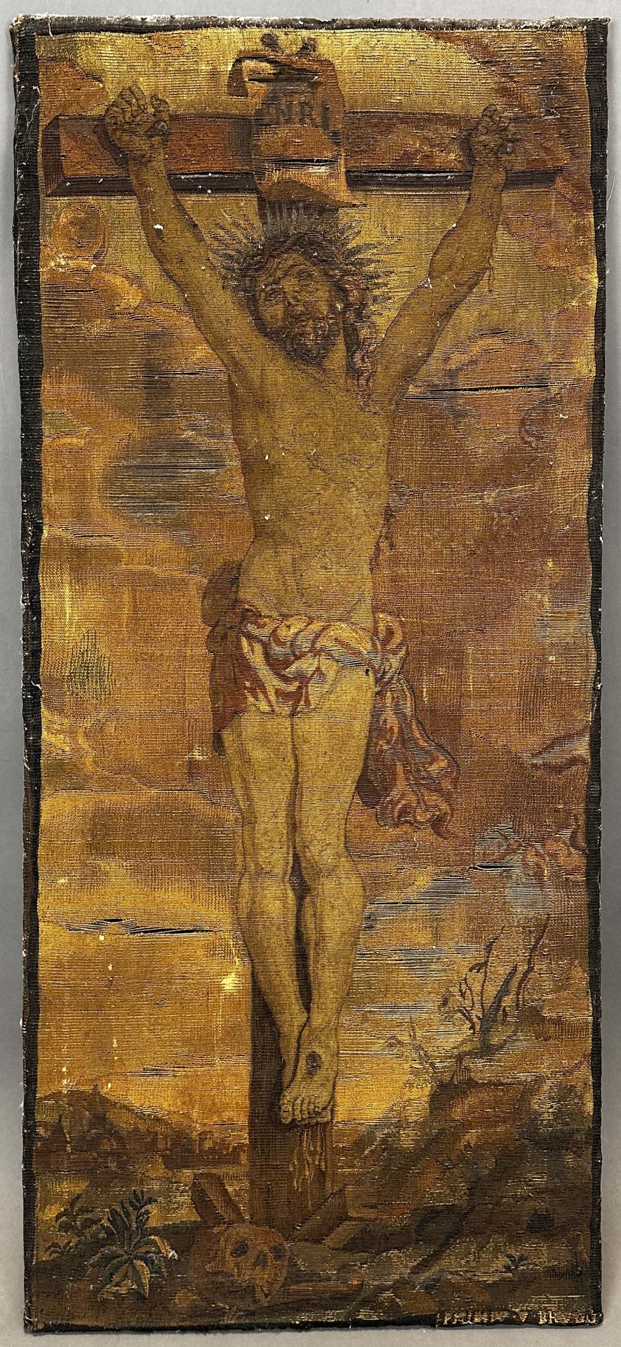 Tapestry. Probably 17th century. Jesus on the cross. ''Brugg''. - Image 2 of 11