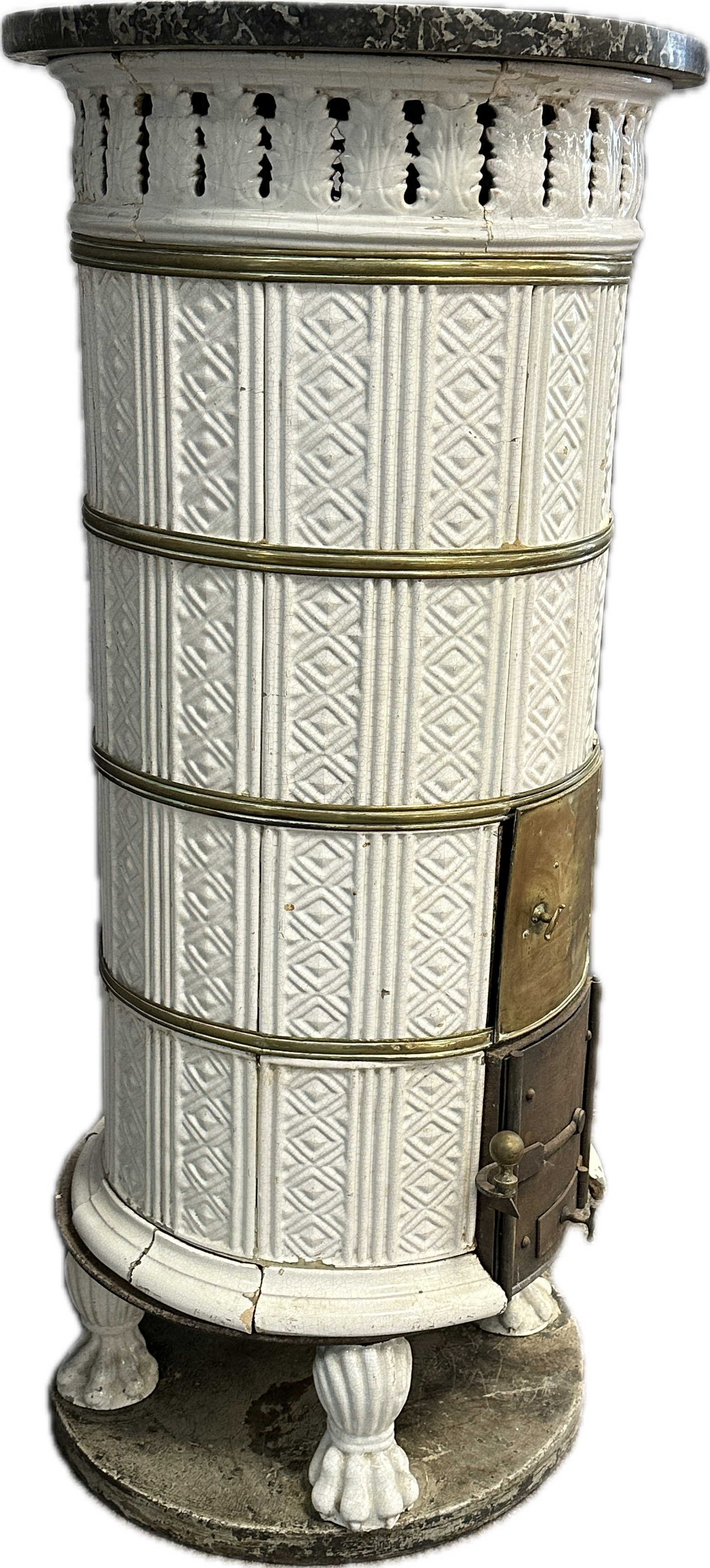 White Biedermeier round stove with tiles in relief structure. - Image 2 of 19