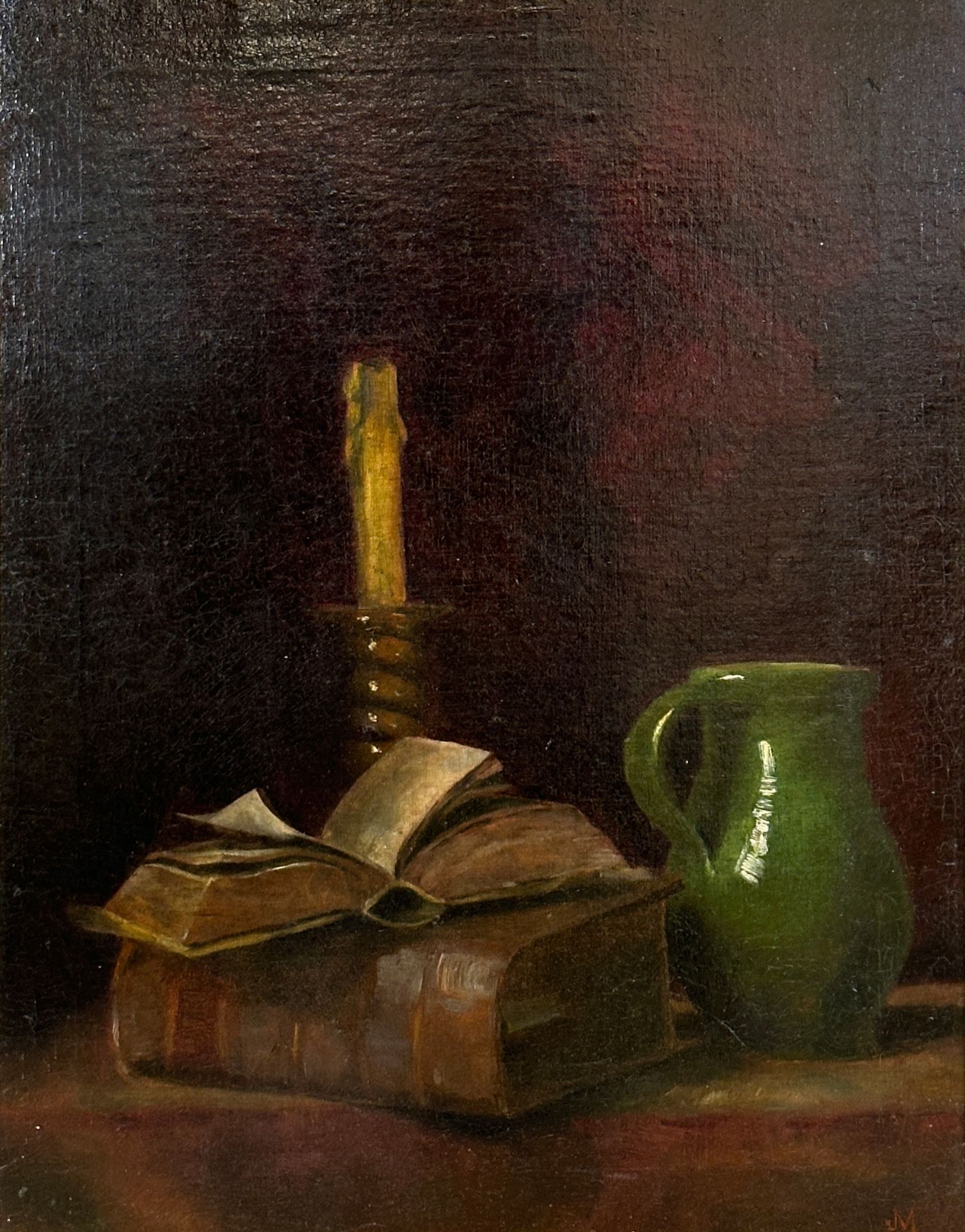 MONOGRAMMIST (XIX - XX). Still life with books, a jug and a candle.