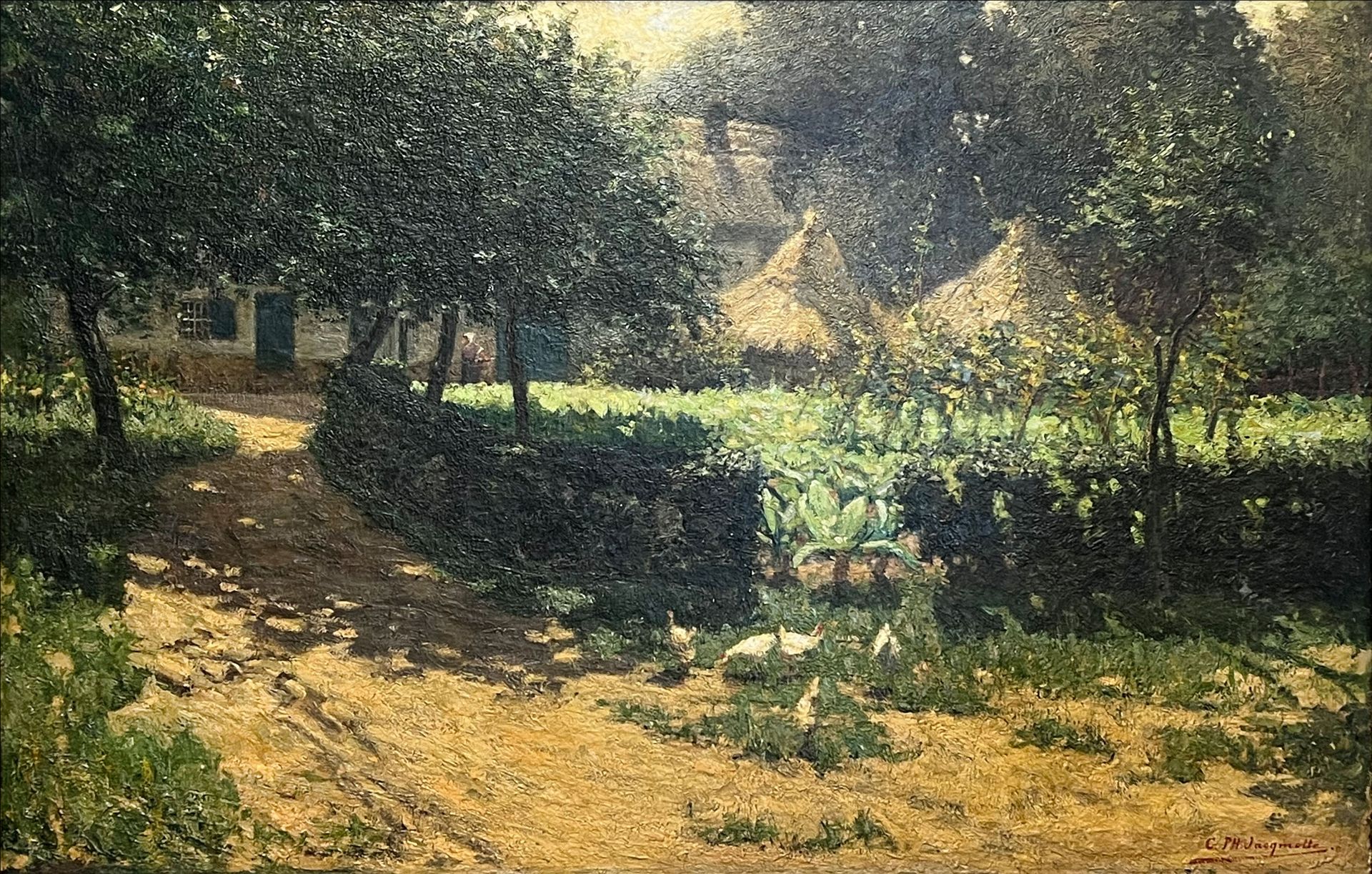 Georges Philippe JACQMOTTE (1876 - 1949). Farmstead with farmer's wife and poultry.