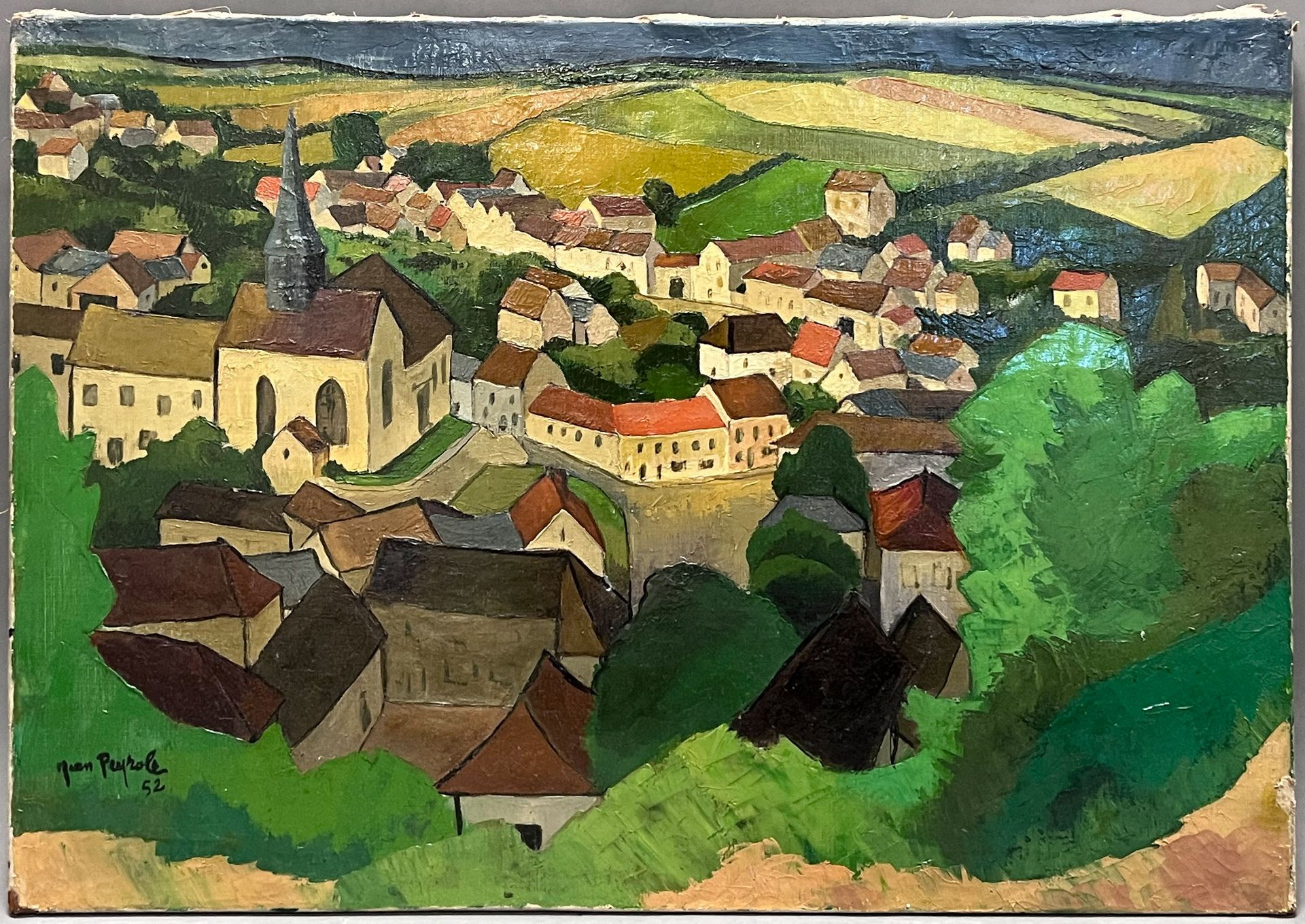 Jean PEYROLE (XX). View of a village. Probably in Lorraine. Dated 1952.