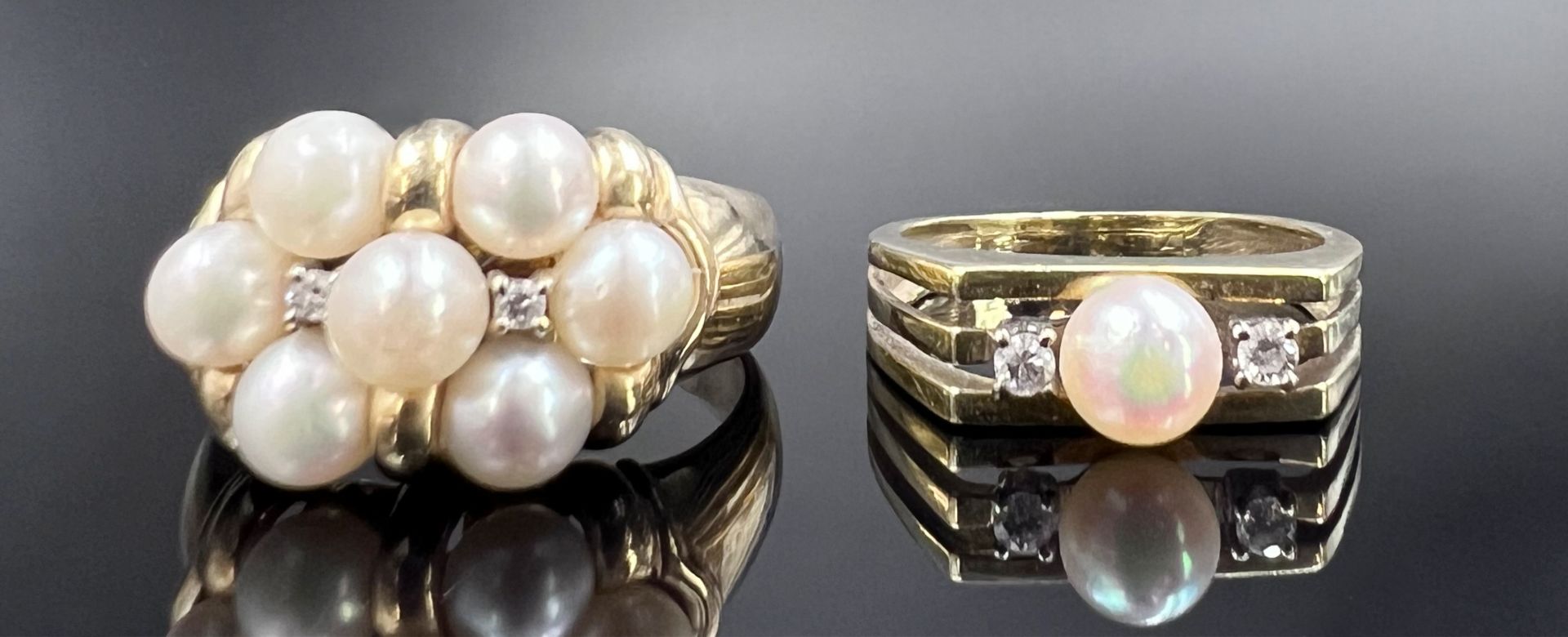 Two ladies' rings. 585 yellow gold with pearls and small diamonds. - Image 2 of 9