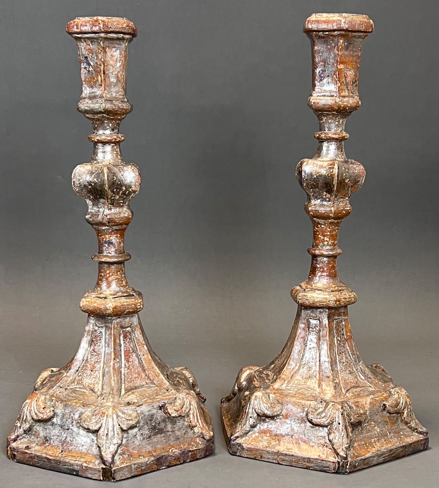 A pair of church altar candlesticks. Wood. Probably 19th century. - Image 3 of 9