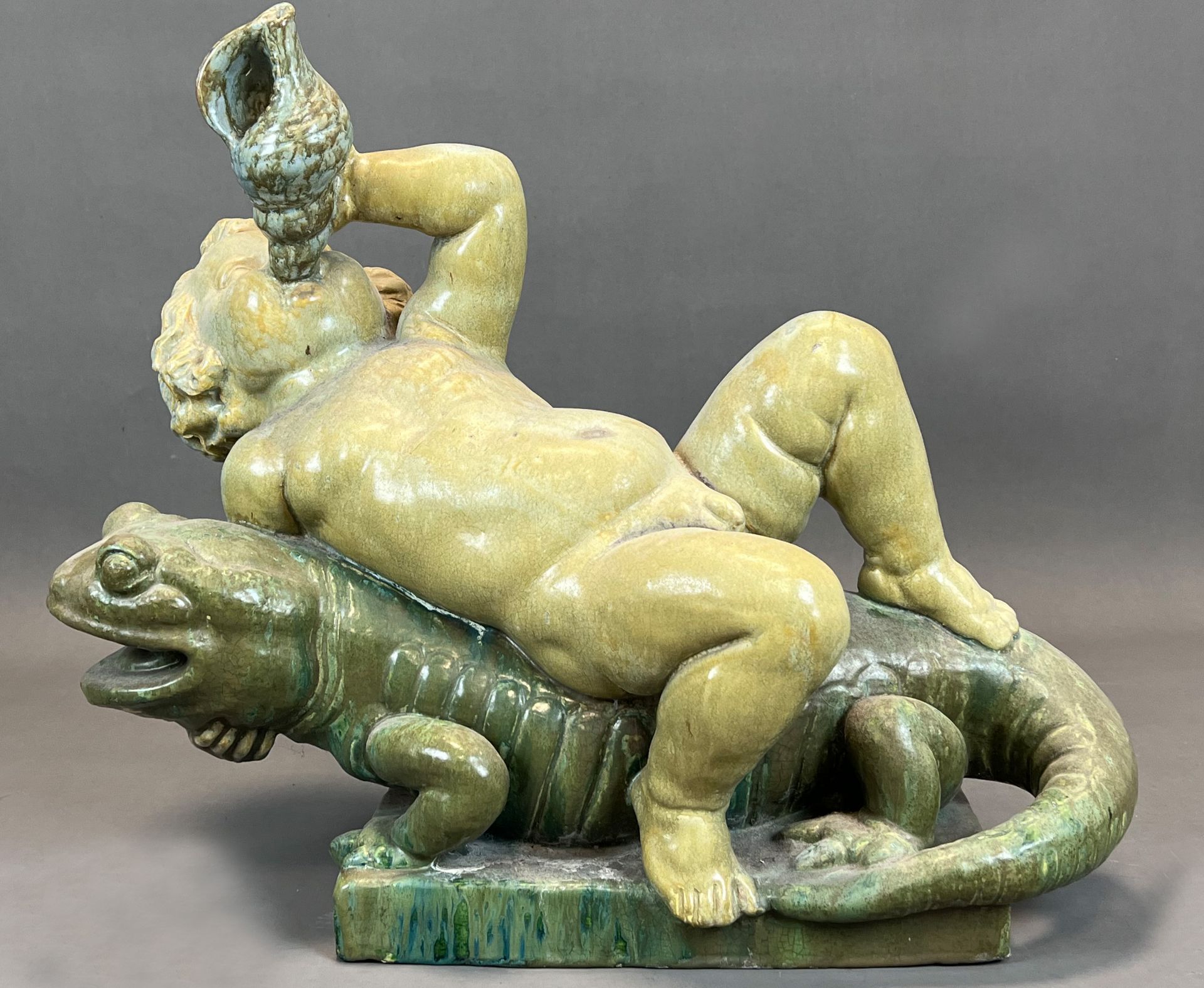 Majolica figure. Putto on a lizard. Early 20th century. - Image 3 of 14