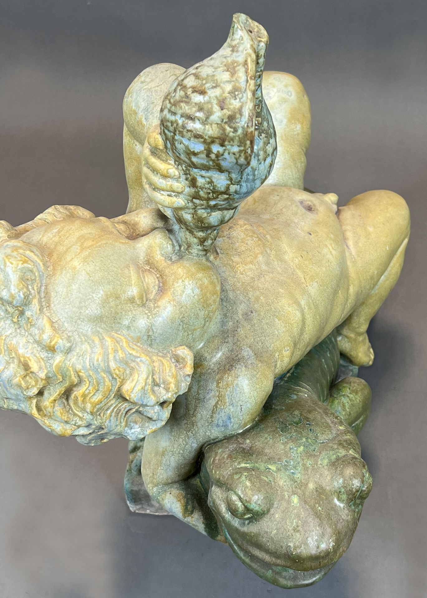 Majolica figure. Putto on a lizard. Early 20th century. - Image 7 of 14