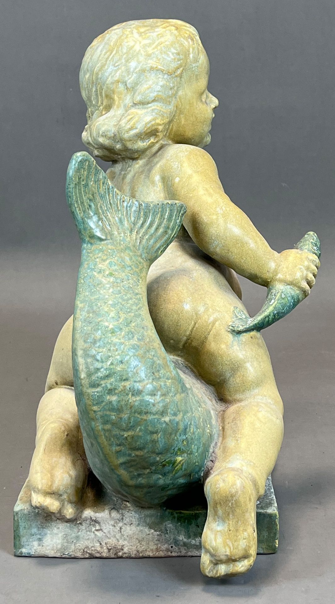 Majolica figure. Putto on a fish. Early 20th century. - Image 3 of 13