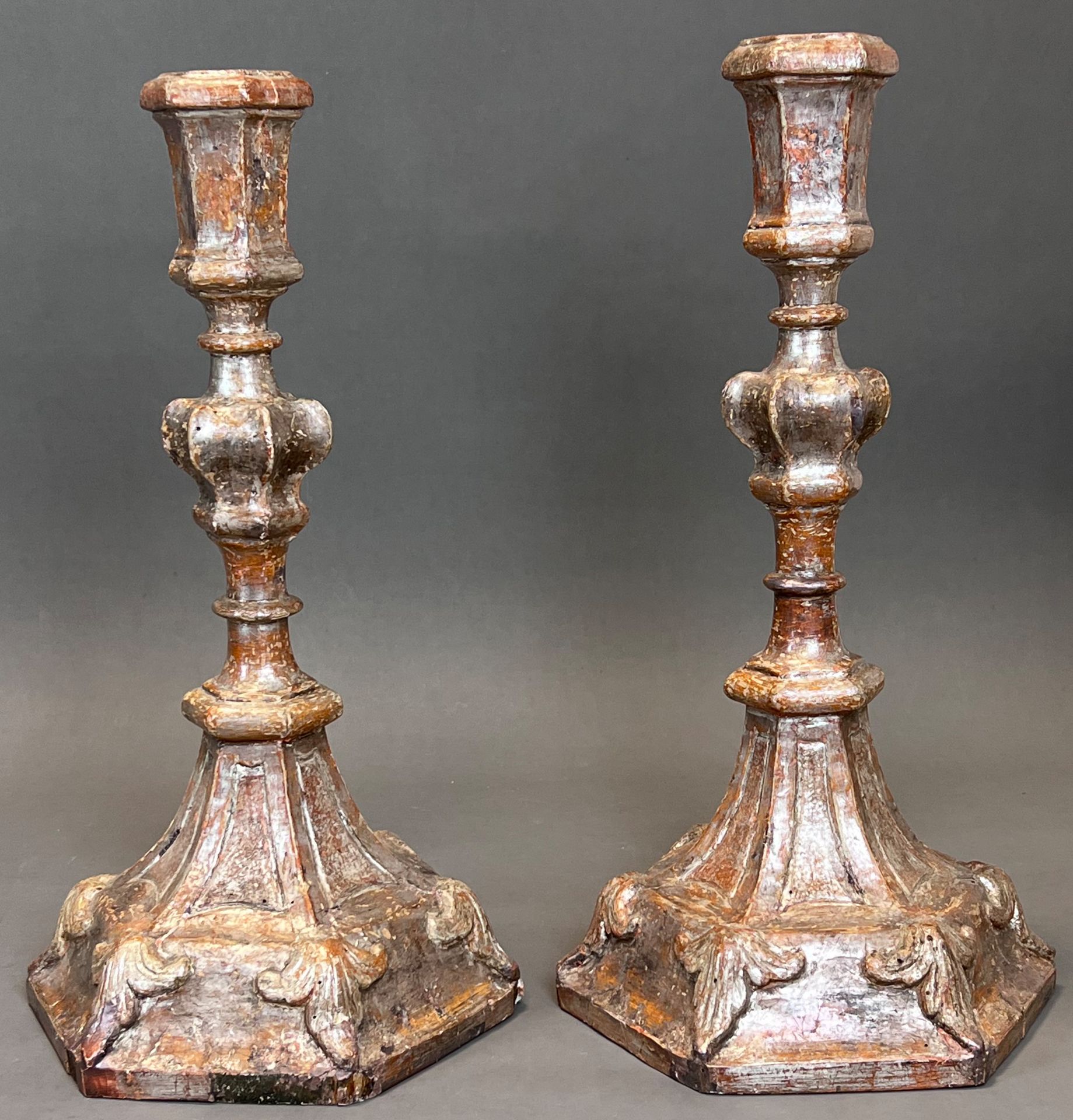 A pair of church altar candlesticks. Wood. Probably 19th century. - Image 2 of 9