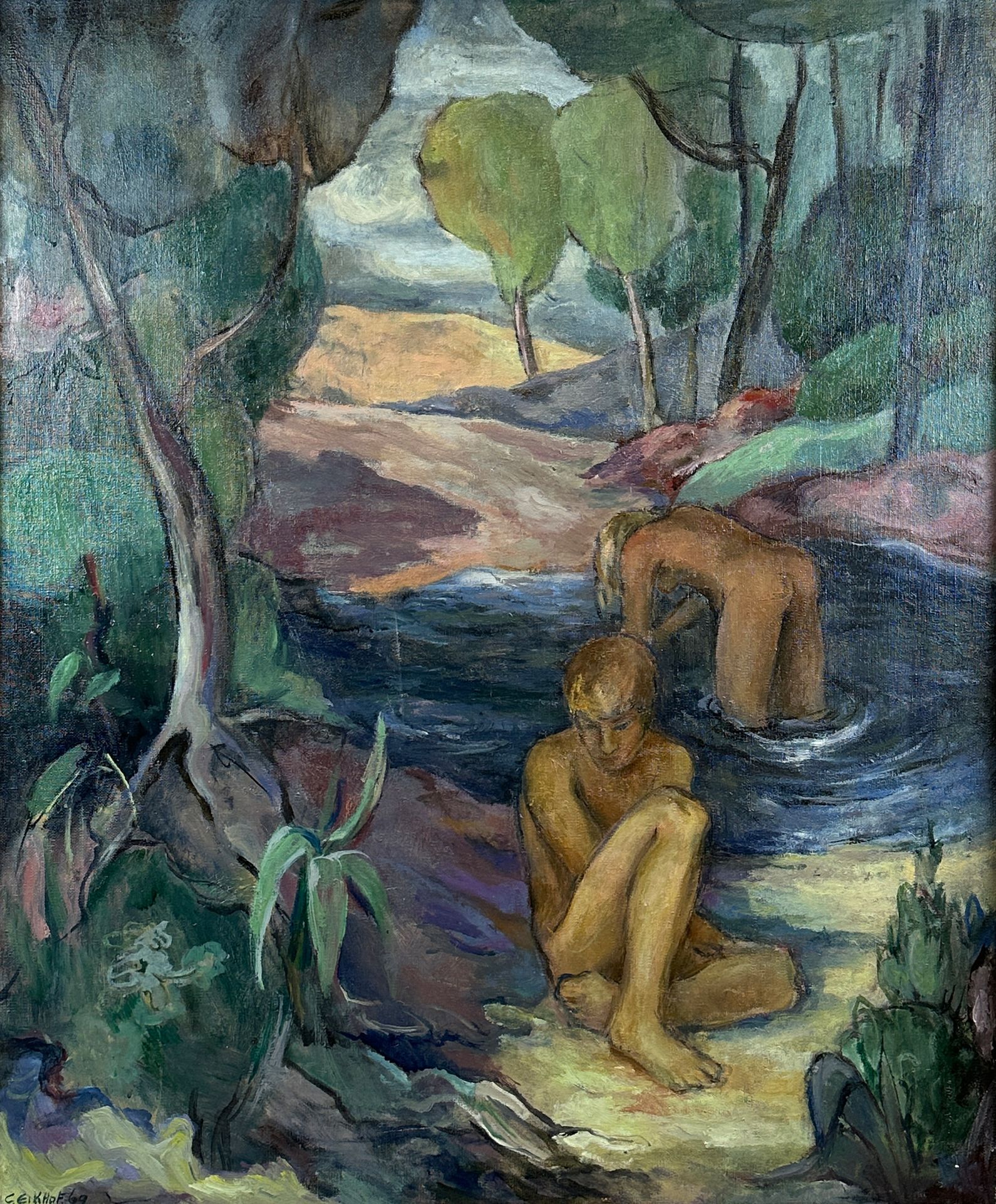 Carolus Barromeus VAN DEN EIKHOF (1931). Children by a body of water in the forest. Dated 1969.