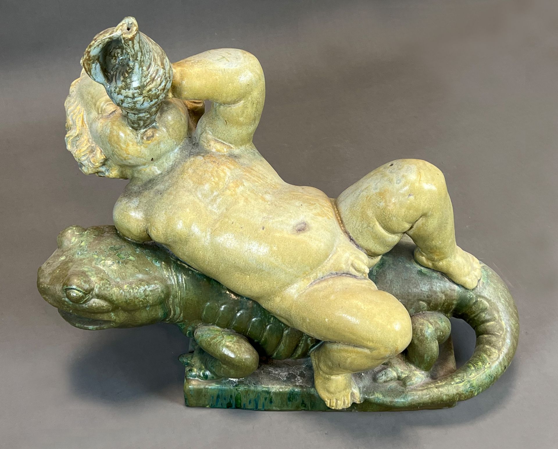 Majolica figure. Putto on a lizard. Early 20th century. - Image 2 of 14
