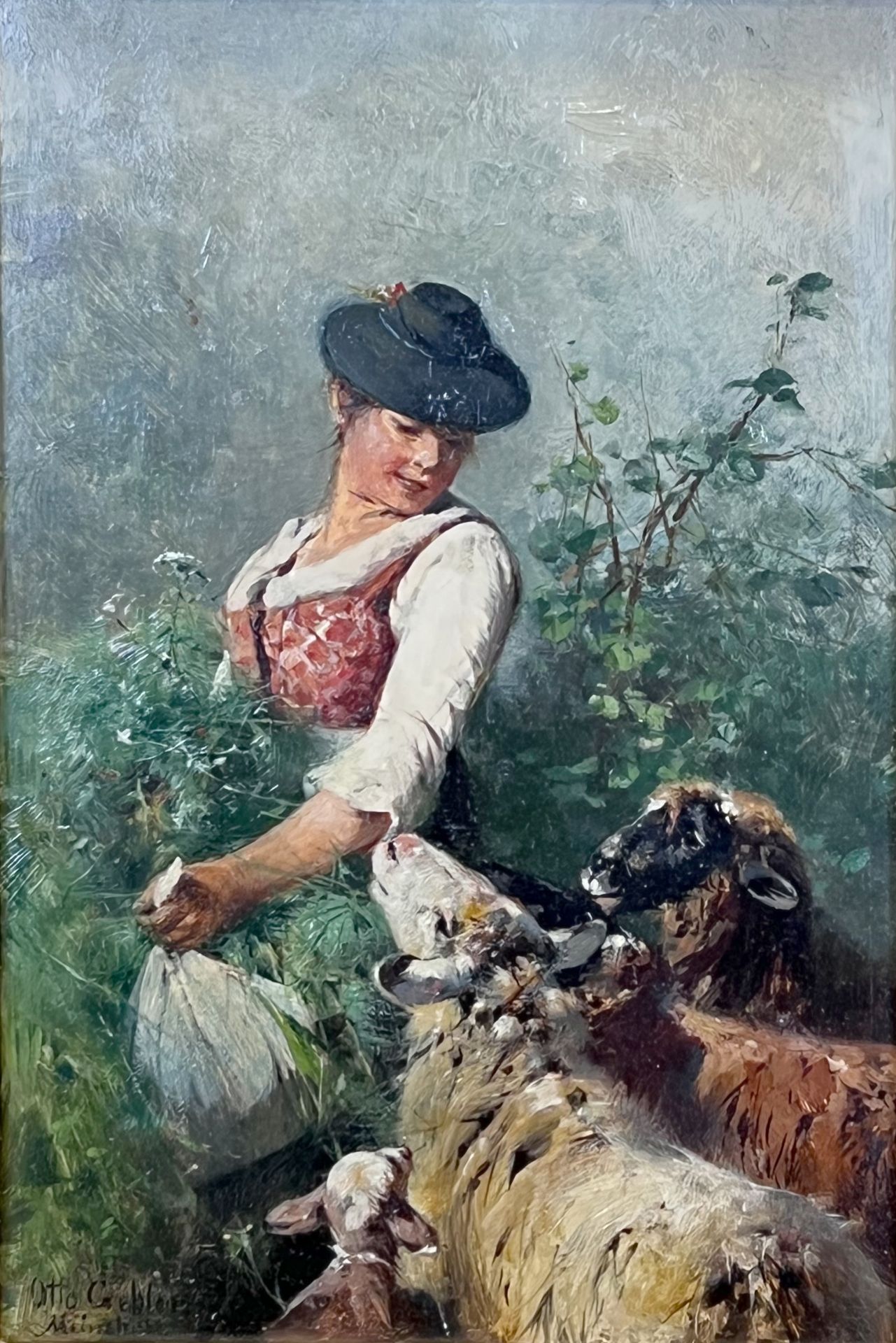 Friedrich Otto GEBLER (1838 - 1917). Young girl with sheep and lamb.