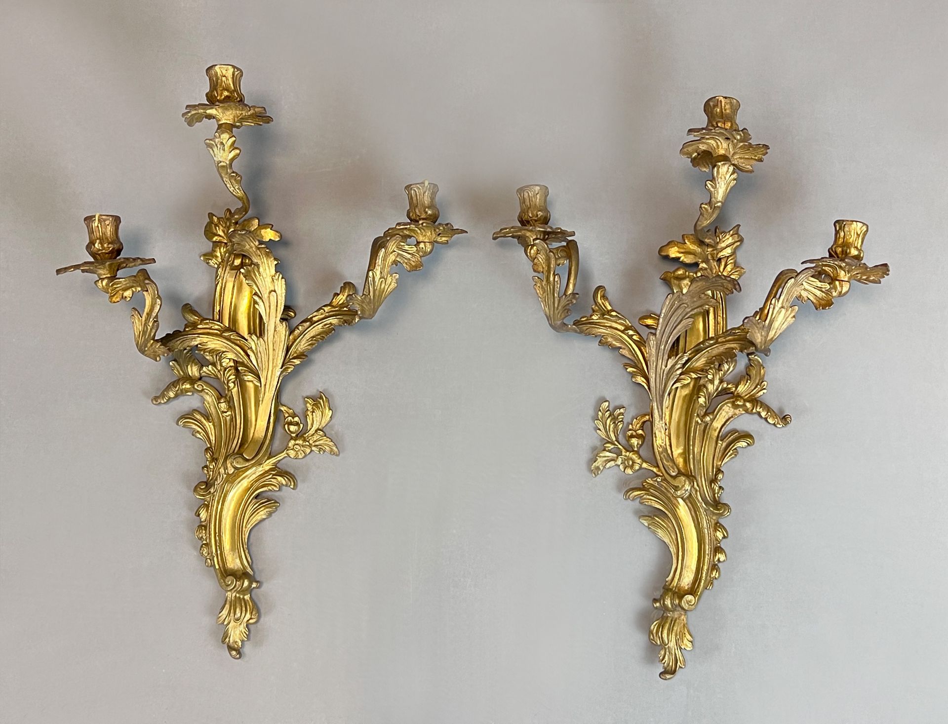 Pair of antique wall candlesticks. Gilt bronze. 19th century.