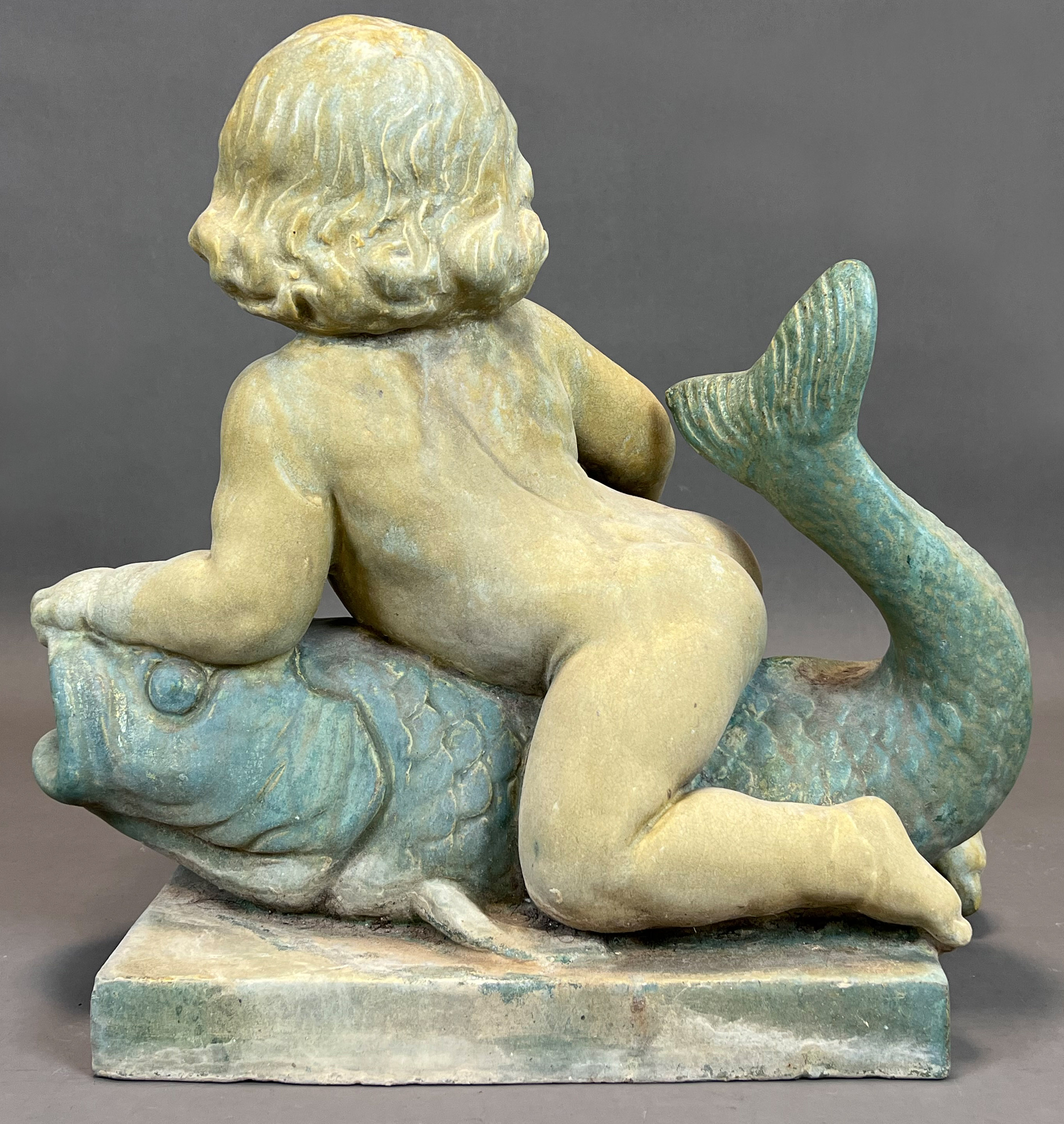 Majolica figure. Putto on a fish. Early 20th century. - Image 4 of 13