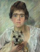 Carl HORN (1874 - 1945). Portrait einer jungen Frau mit Terrier. 1918.