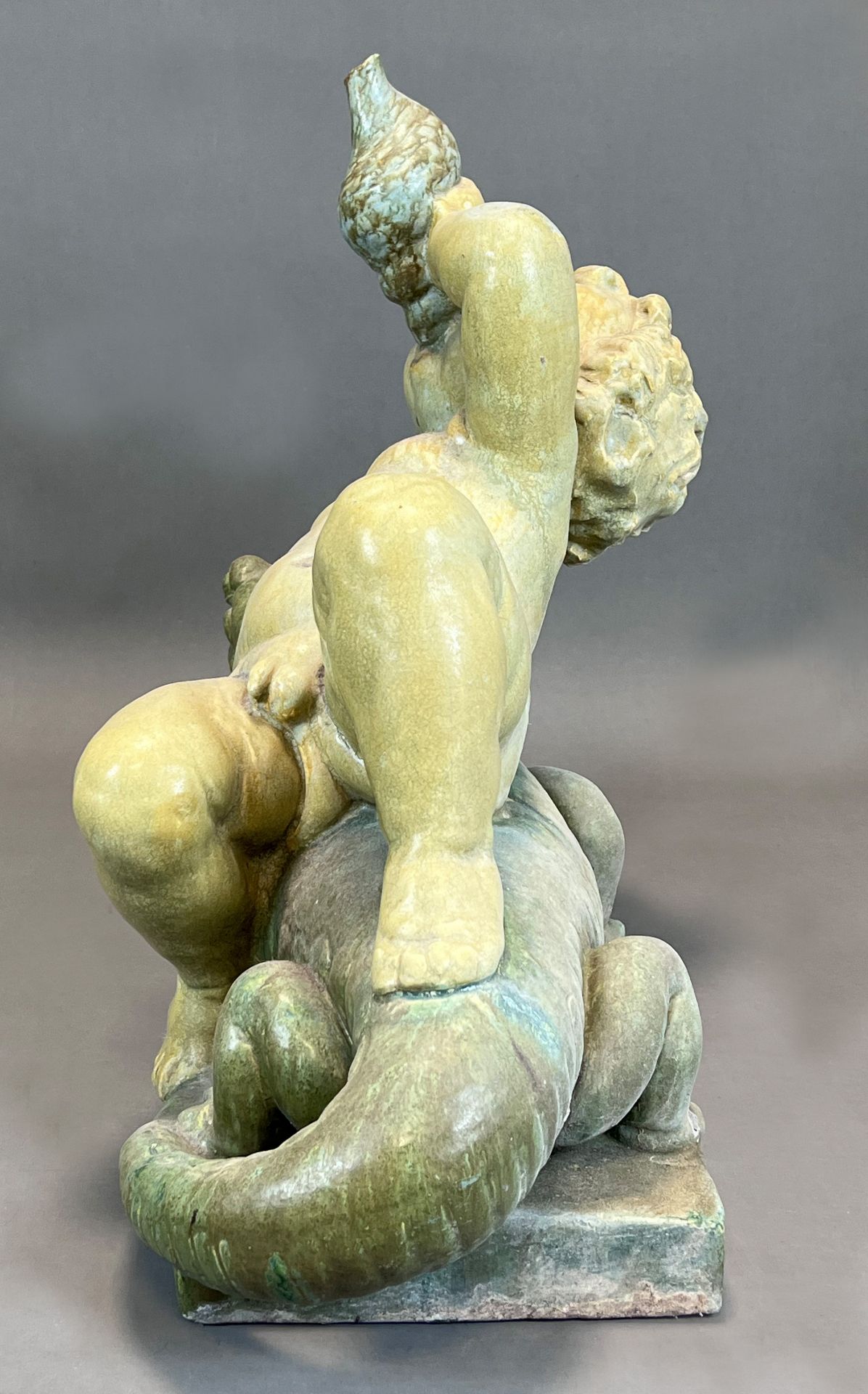 Majolica figure. Putto on a lizard. Early 20th century. - Image 4 of 14