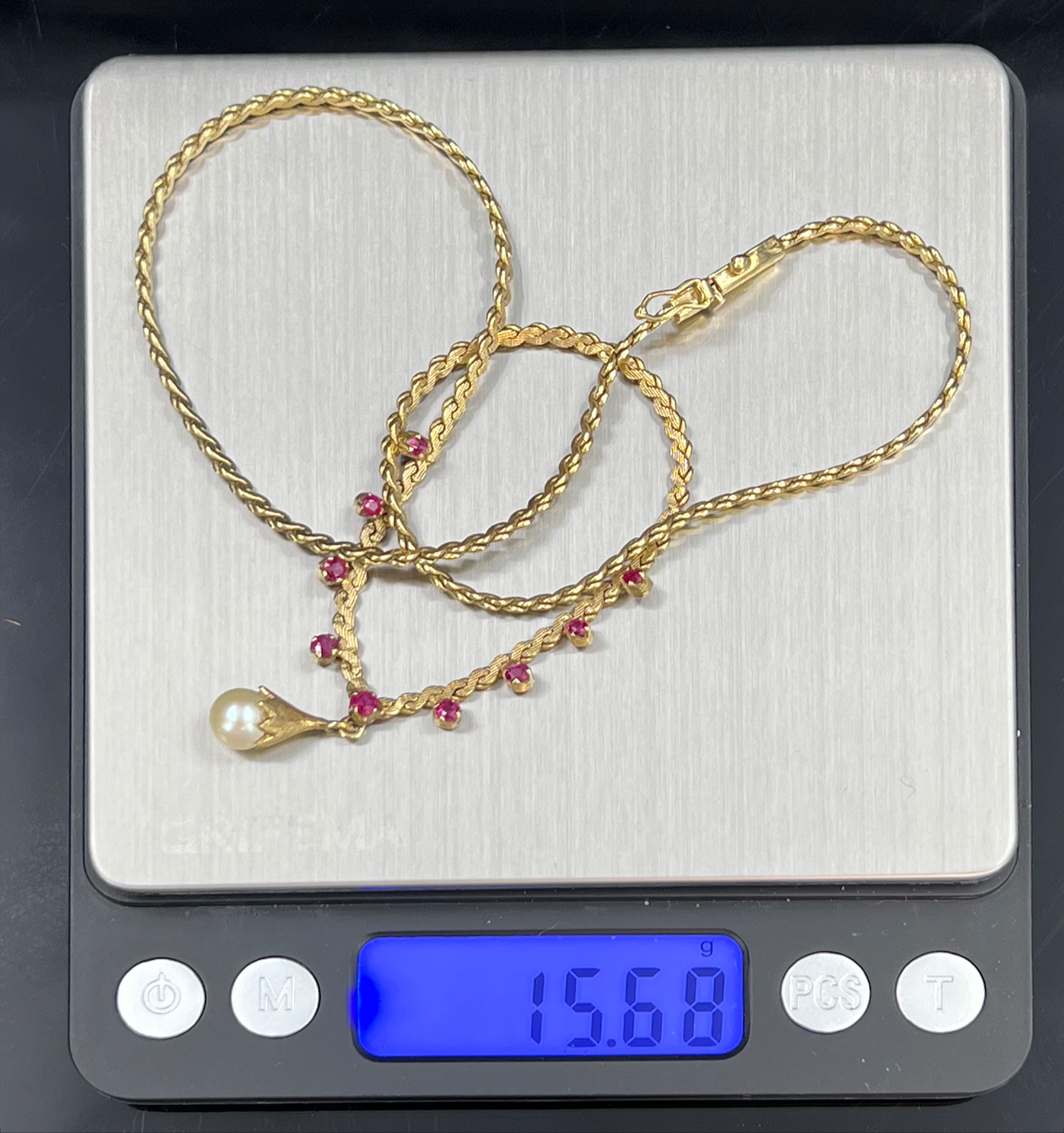 Necklace. 585 yellow gold with 9 small rubies and a pearl. - Image 5 of 5