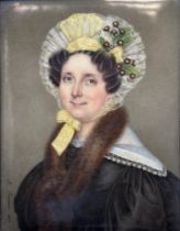 A. BONNEAU (XVIII - XIX) geborene Desalle. Porzellanminiatur. Biedermeier Frauenportrait.