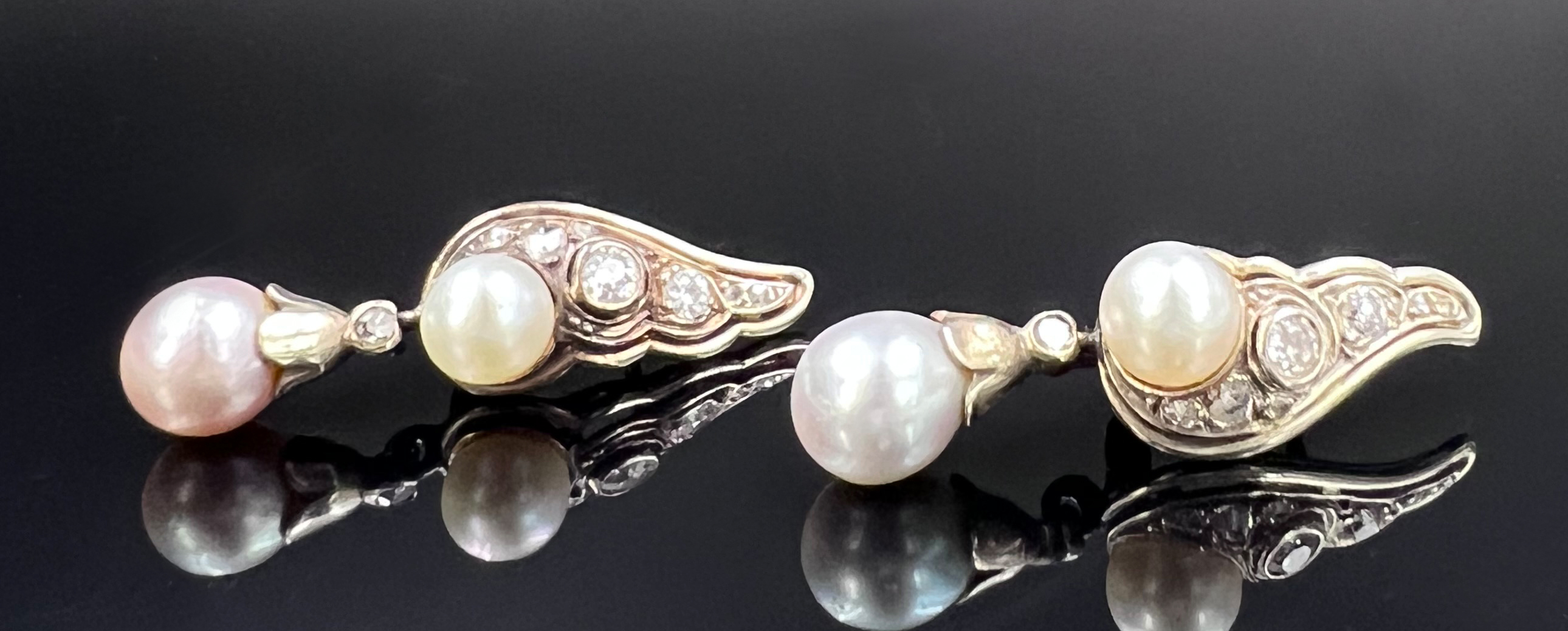 Pair of earrings. 585 white gold and silver with diamonds and pearls. Art deco.