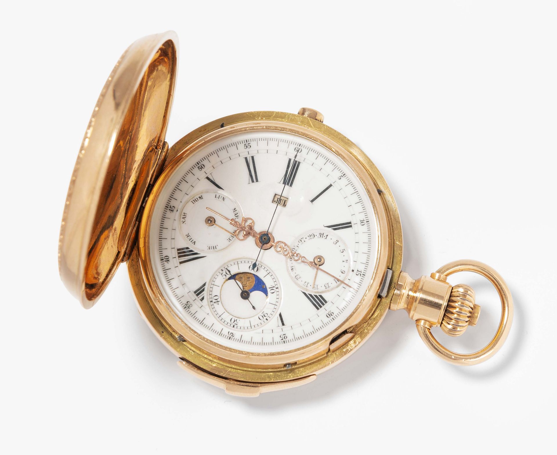 Invicta, Goldsavonette mit Vollkalender, Viertelrepetition und Chronograph, um 1900