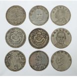 9 Münzen China, Weißmetall,