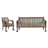 Empire-Sofa mit Armlehnstuhl um 1820,