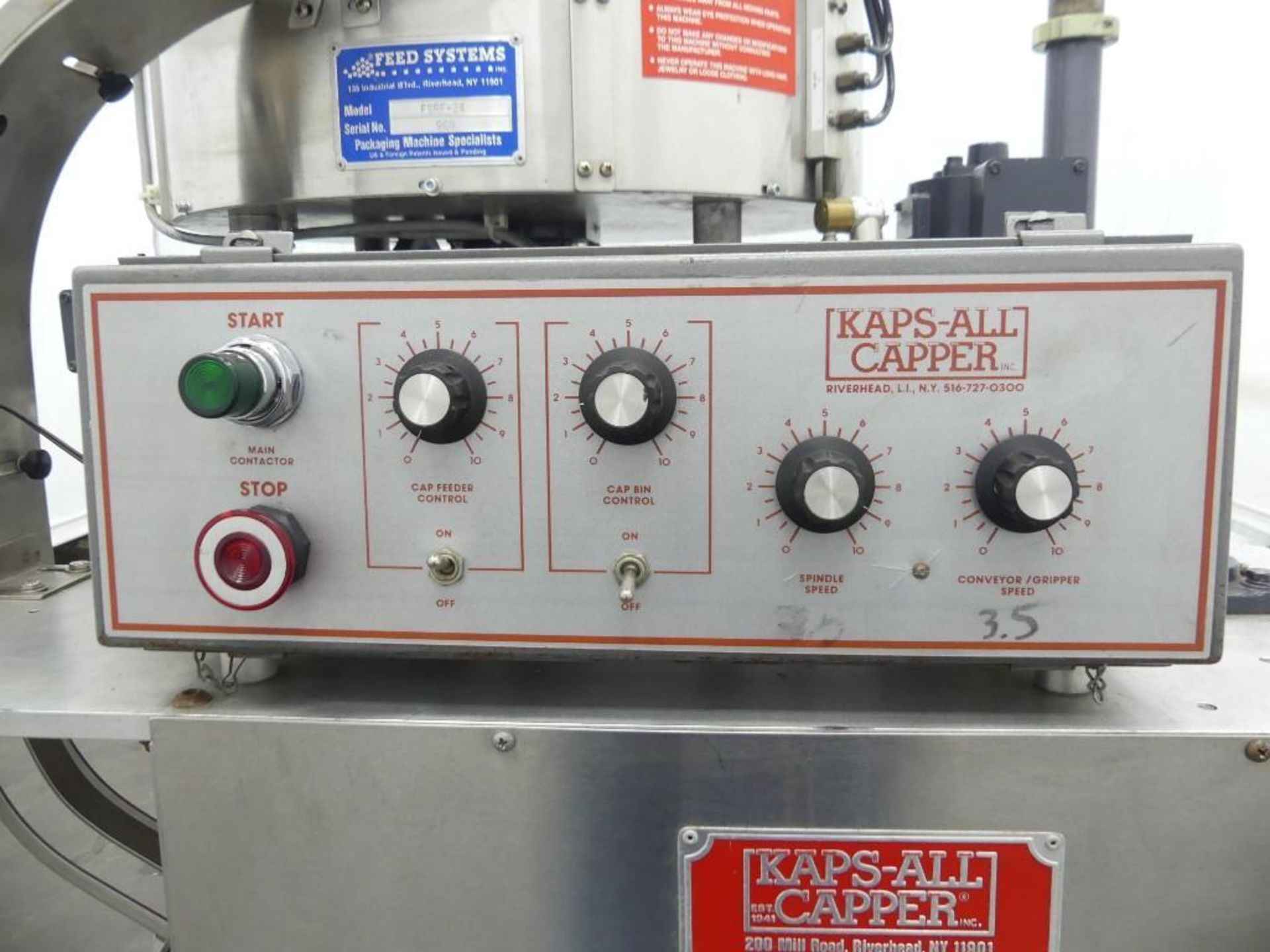 Kaps-All Model E4 Spindle Capper with a Feed Systems FSRF-24 Cap Feeder - Image 27 of 35