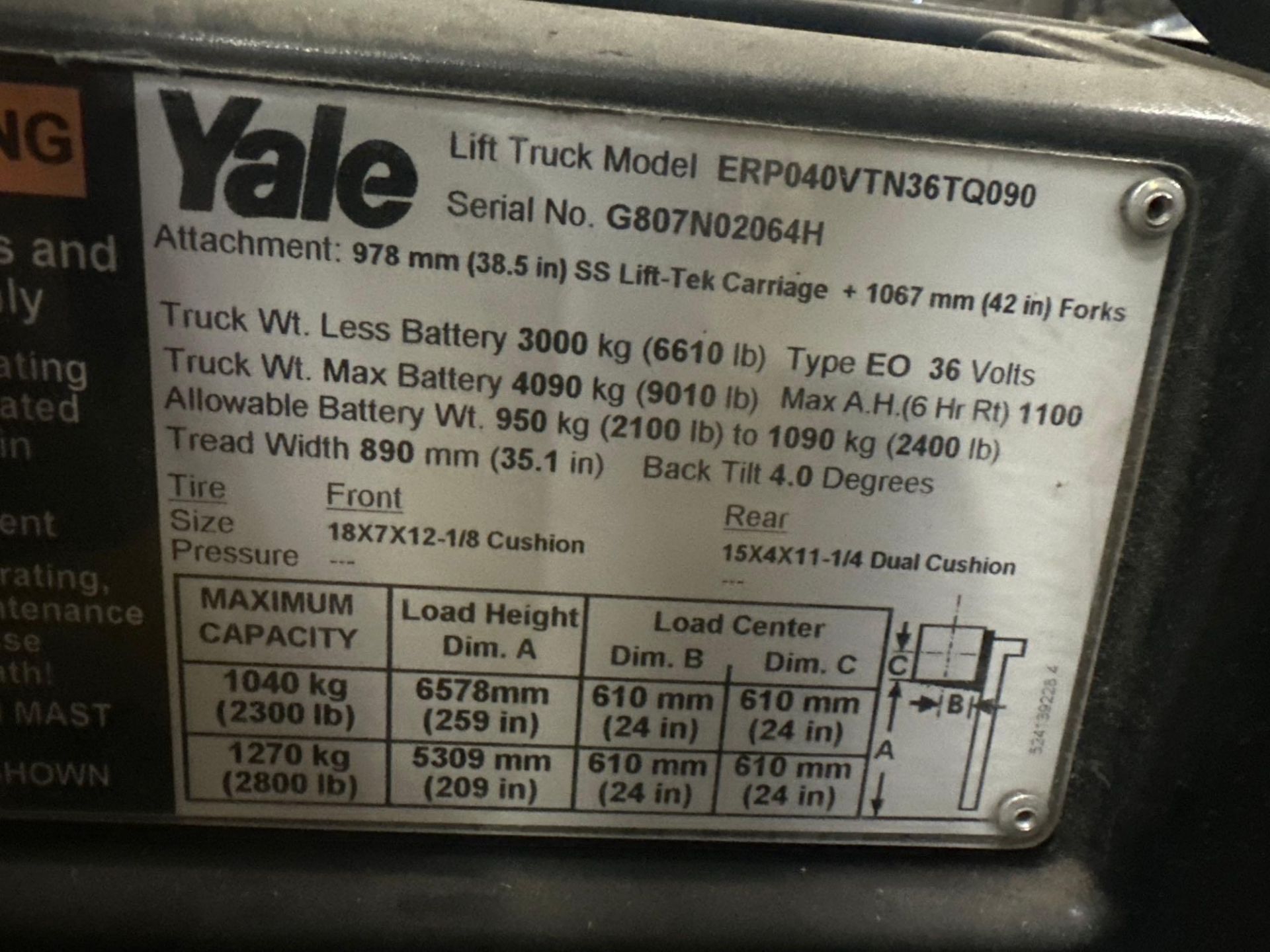 Yale ERP040VTN36TQ090 Sit-down Forklift - Image 8 of 8