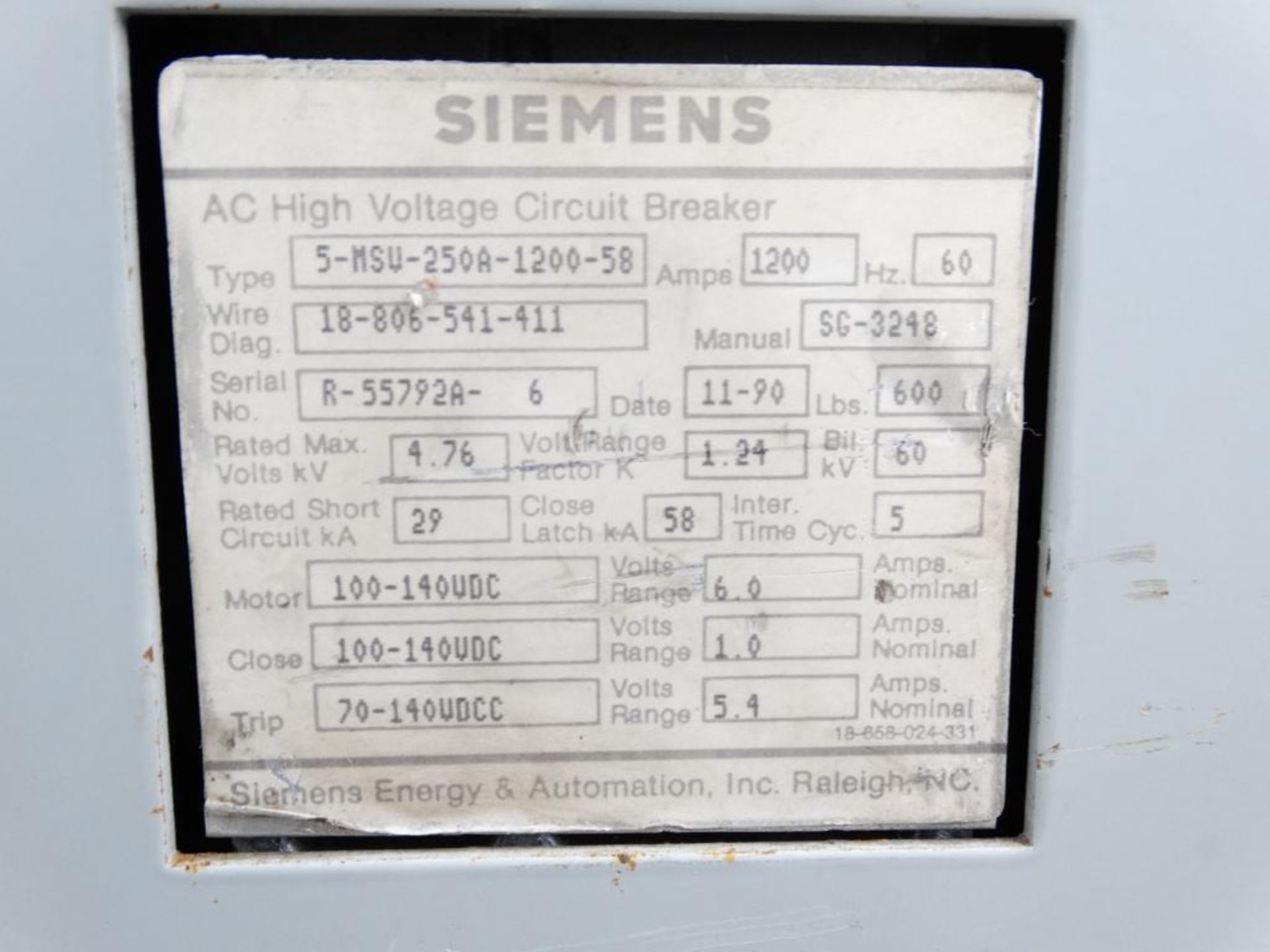 (1) SIEMENS 5-MSV-250A-1200-58 CIRCUIT BREAKER - Image 3 of 3