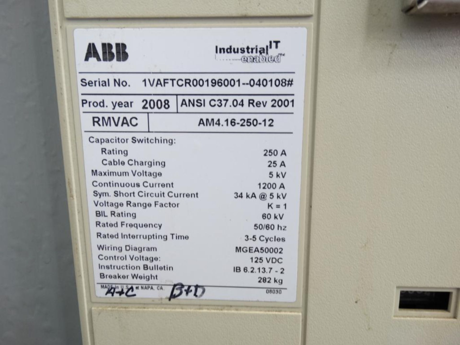 (5) ABB RMVAC-AM4.16-250-12 CIRCUIT BREAKER - Image 3 of 3