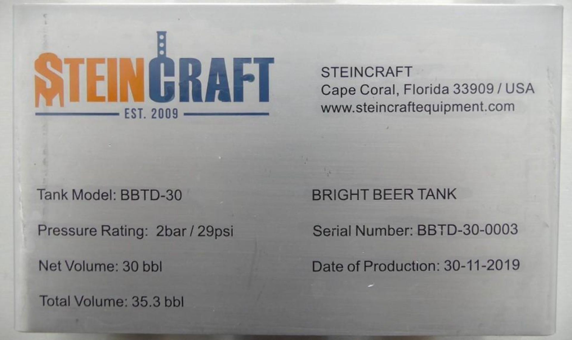 2019 SteinCraft BBTD-30 30 BBL Stainless Steel Jacketed Brite Tank - Image 18 of 19