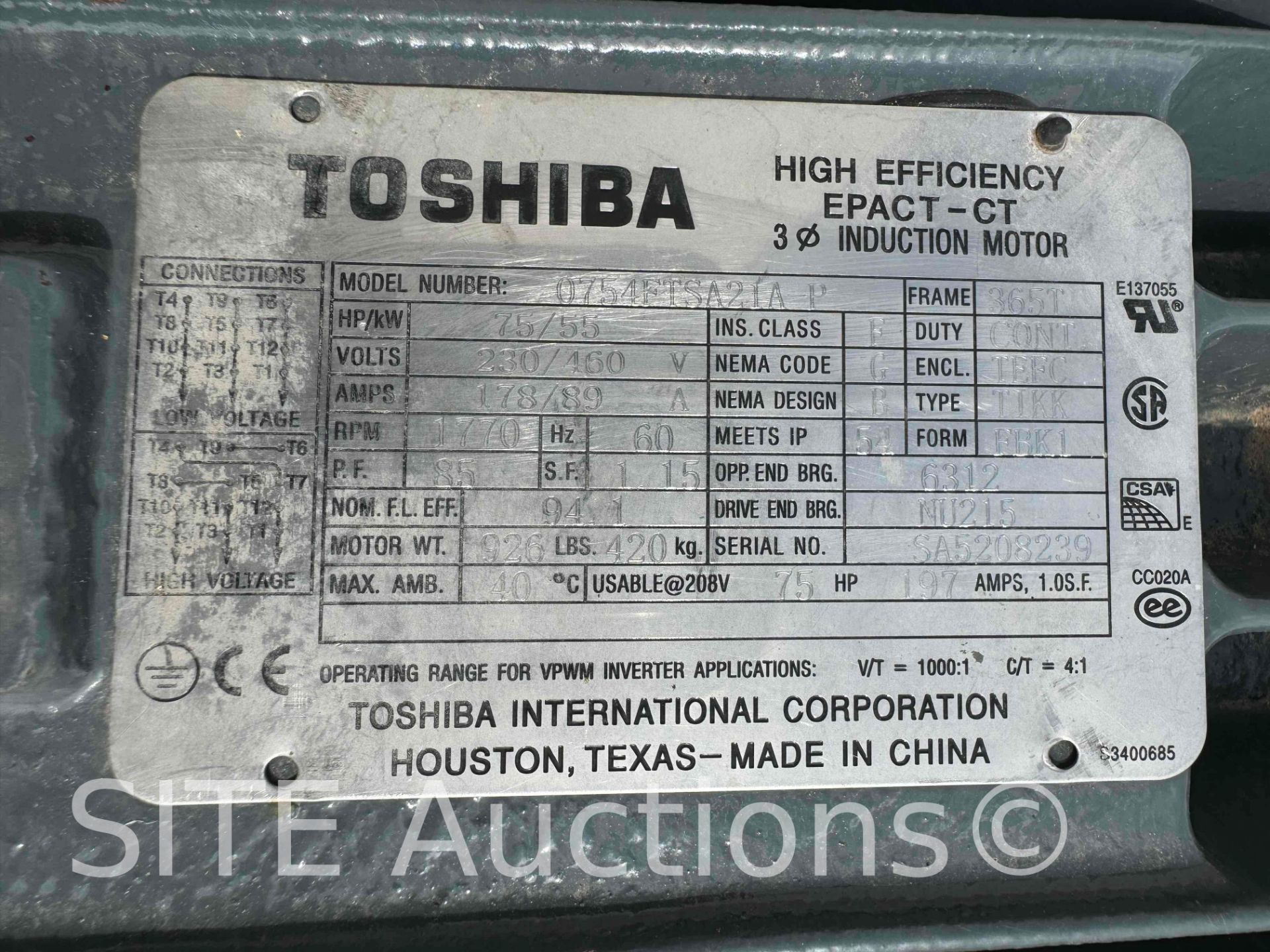 Toshiba 75HP Electric Motor - refurbished - Image 4 of 7