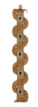 Circa 1950, An attractive 18 carat gold interwoven mesh emerald and diamond set bracelet