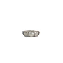 European, Circa 1920, A diamond natural pearl and calibre cut sapphire ring, mounted in platinum