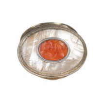 European, Circa 1800, A mother of pearl, carnelian and silver snuff box