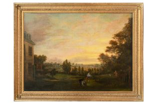 William Tomkins (c. 1732 - 1792), Circa 1760, Gardeners outside of a country house with a panoramic