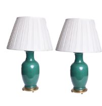20th Century, A pair of green ceramic table lamps