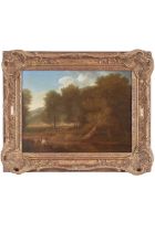Circle of J. M. W. Turner, Late 18th Century, Figures on a riverbank with cattle