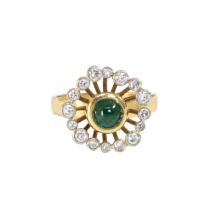 British, circa 1970, A cabochon emerald and brilliant cut diamond flower cluster ring