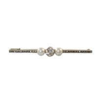 European, circa 1910, A diamond and natural pearl bar broach mounted in platinum and yellow gold